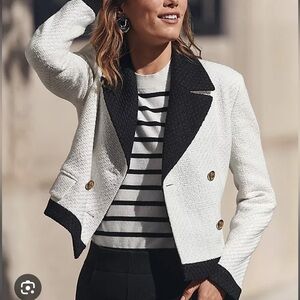 Ann Taylor White Cropped Blazer with Black Trim